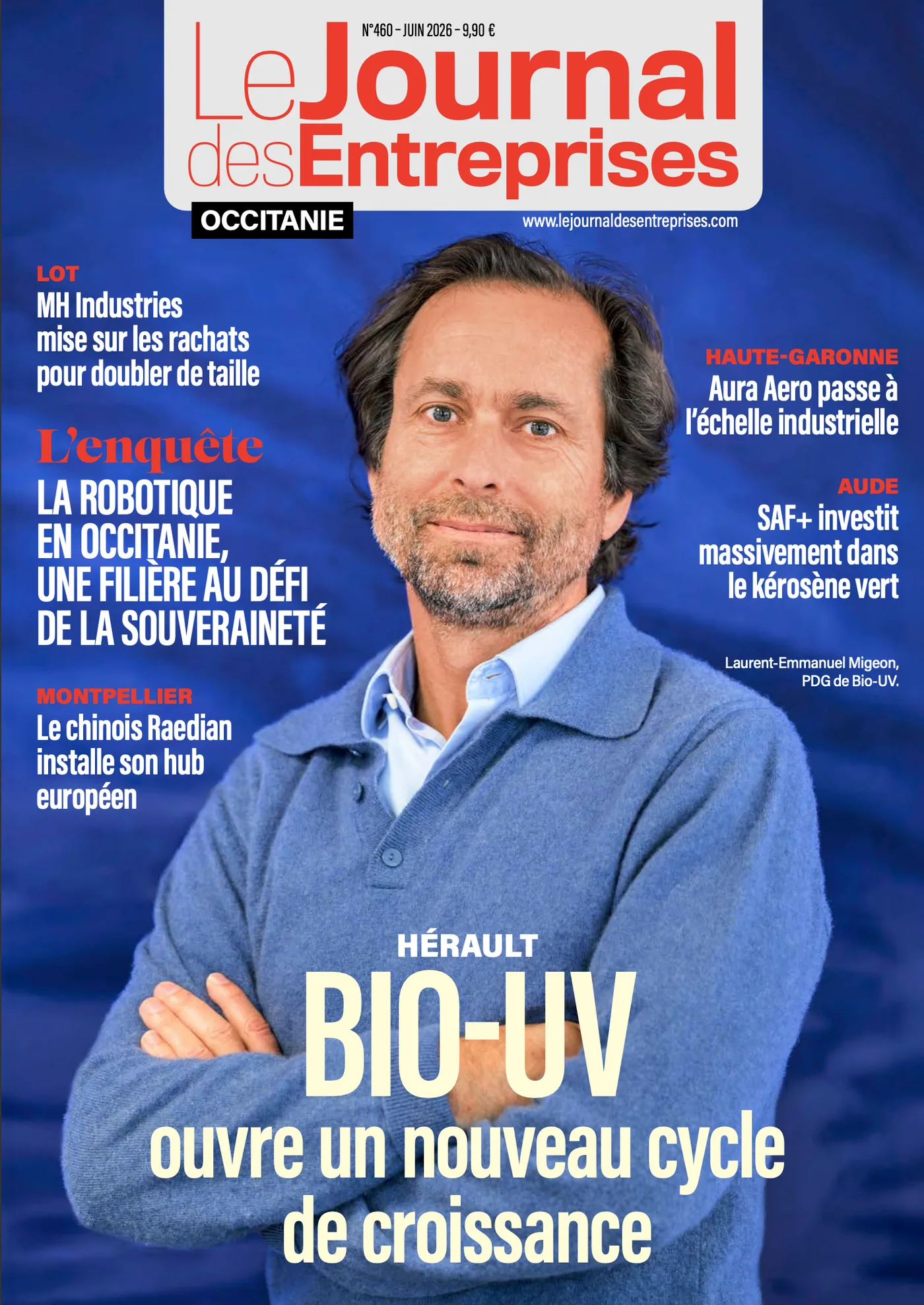 Couverture du Journal des Entreprises Occitanie n°460, juin 2026, avec le portrait du PDG de BIO-UV réalisé par BLH Photographie
